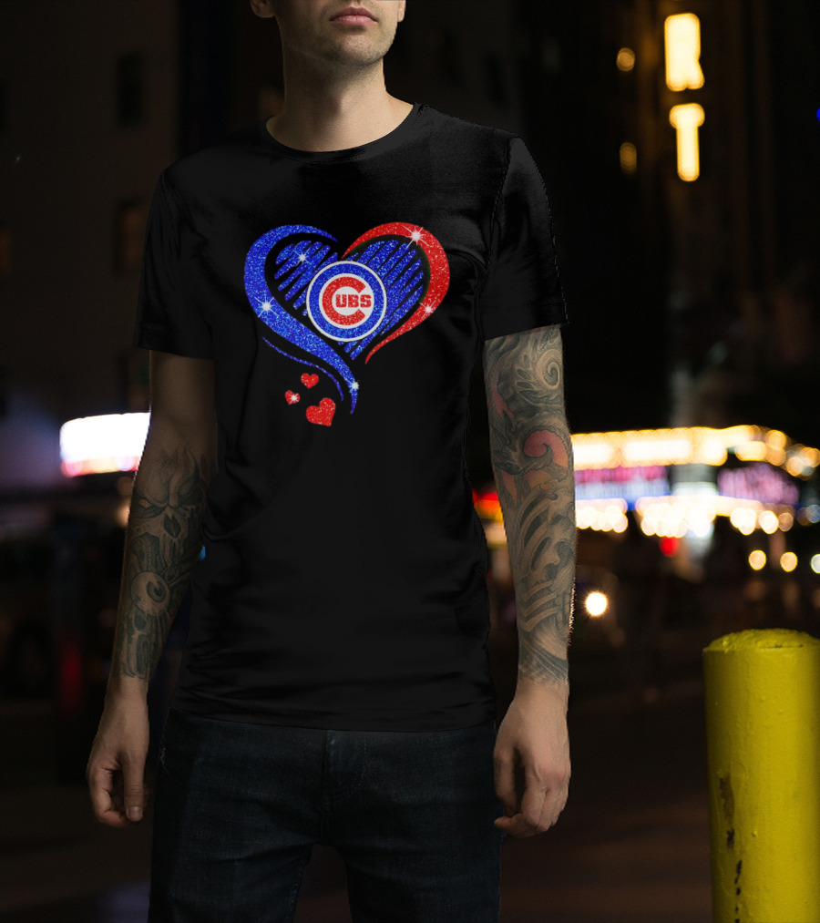 Chicago Cubs Glitter Heart Logo With Red And Blue Diamond T-Shirt