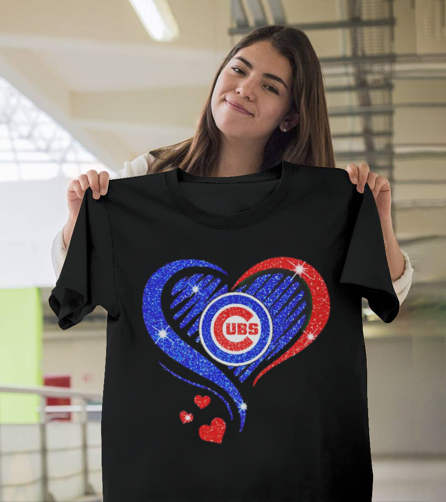 Chicago Cubs Glitter Heart Logo With Red And Blue Diamond T-Shirt