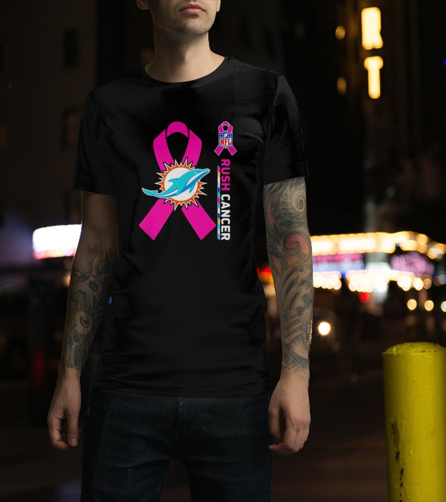 Miami Dolphins NFL Rush Cancer Pink Ribbon Emblem T-Shirt