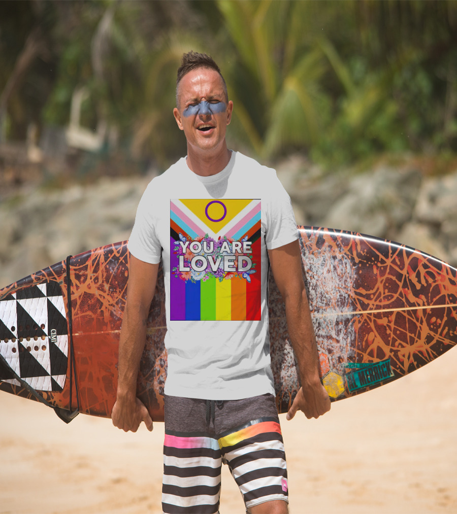 You Are Loved Pride Flag Intersex Inclusion Rainbow Floral Butterflies T-Shirt