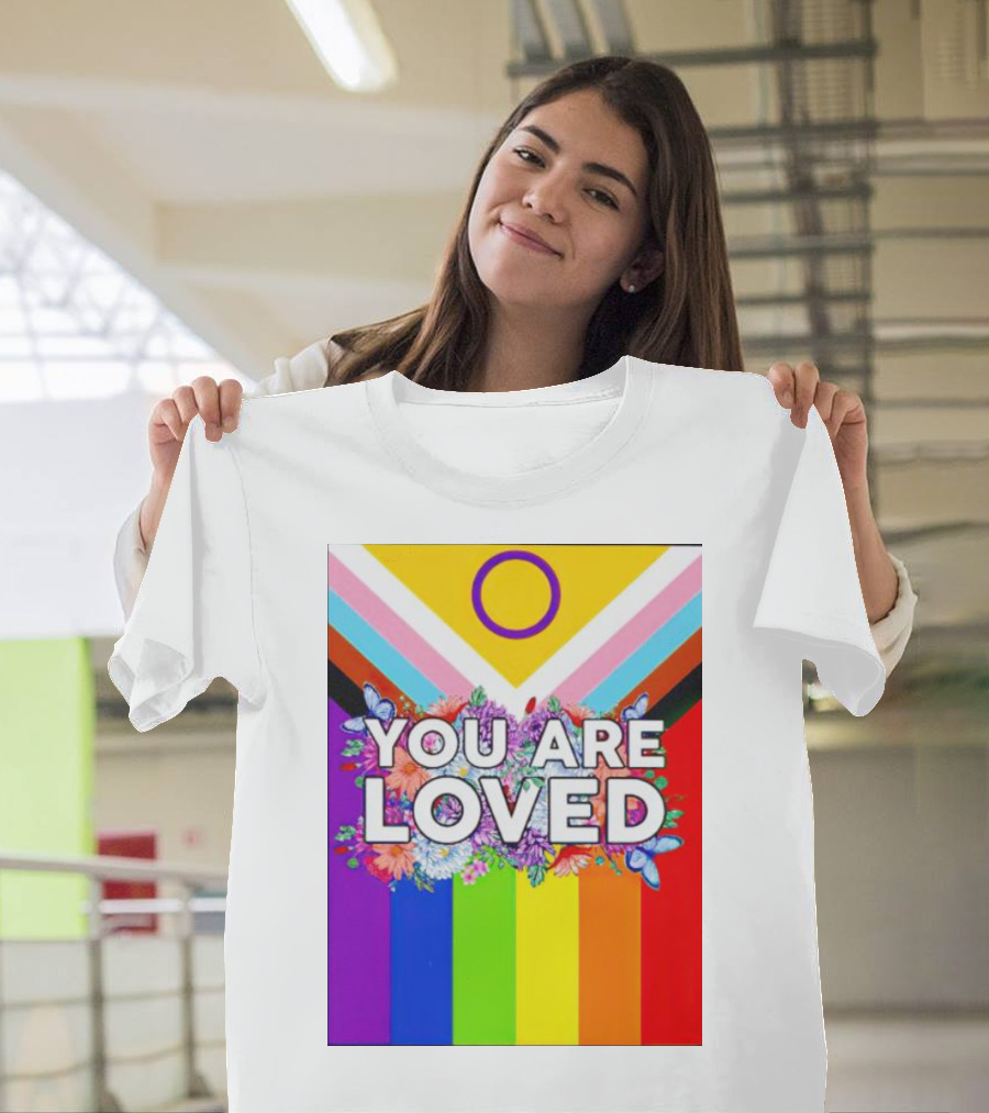 You Are Loved Pride Flag Intersex Inclusion Rainbow Floral Butterflies T-Shirt