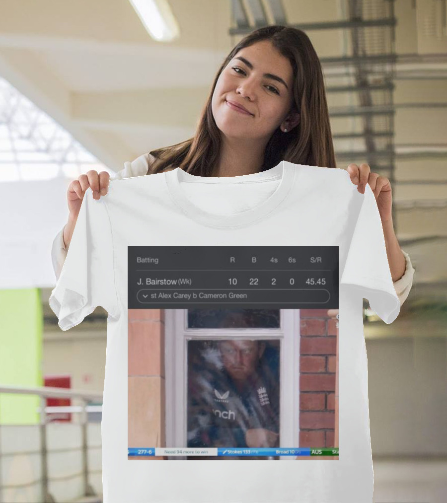 England Cricketer J. Bairstow Dismissed by Alex Carey and Cameron Green During Match Displayed on Scoreboard T-Shirt