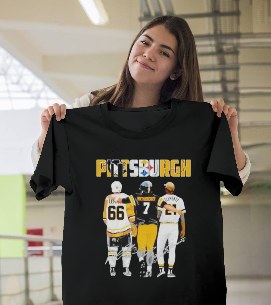 Pittsburgh Penguins Lemieux Steelers Roethlisberger Pirates Clemente Signature T-Shirt