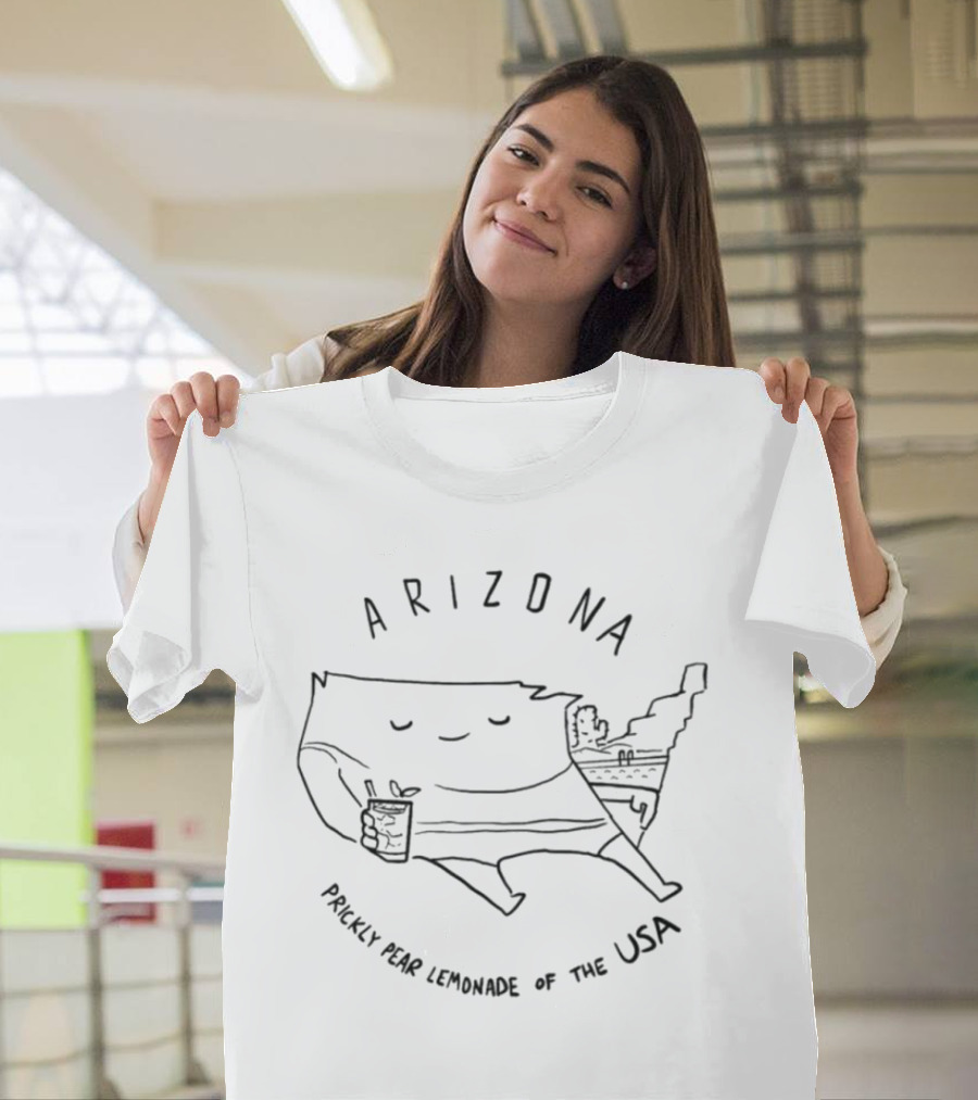 Arizona Prickly Pear Lemonade USA Map Cartoon With Drink And Cactus Scene T-Shirt