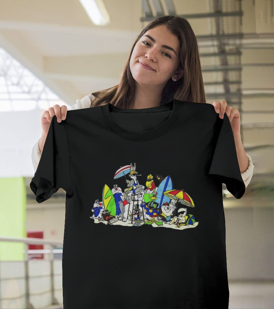 Looney Tunes Beach Scene Featuring Bugs Bunny and Friends with Surfboards and Umbrellas T-Shirt
