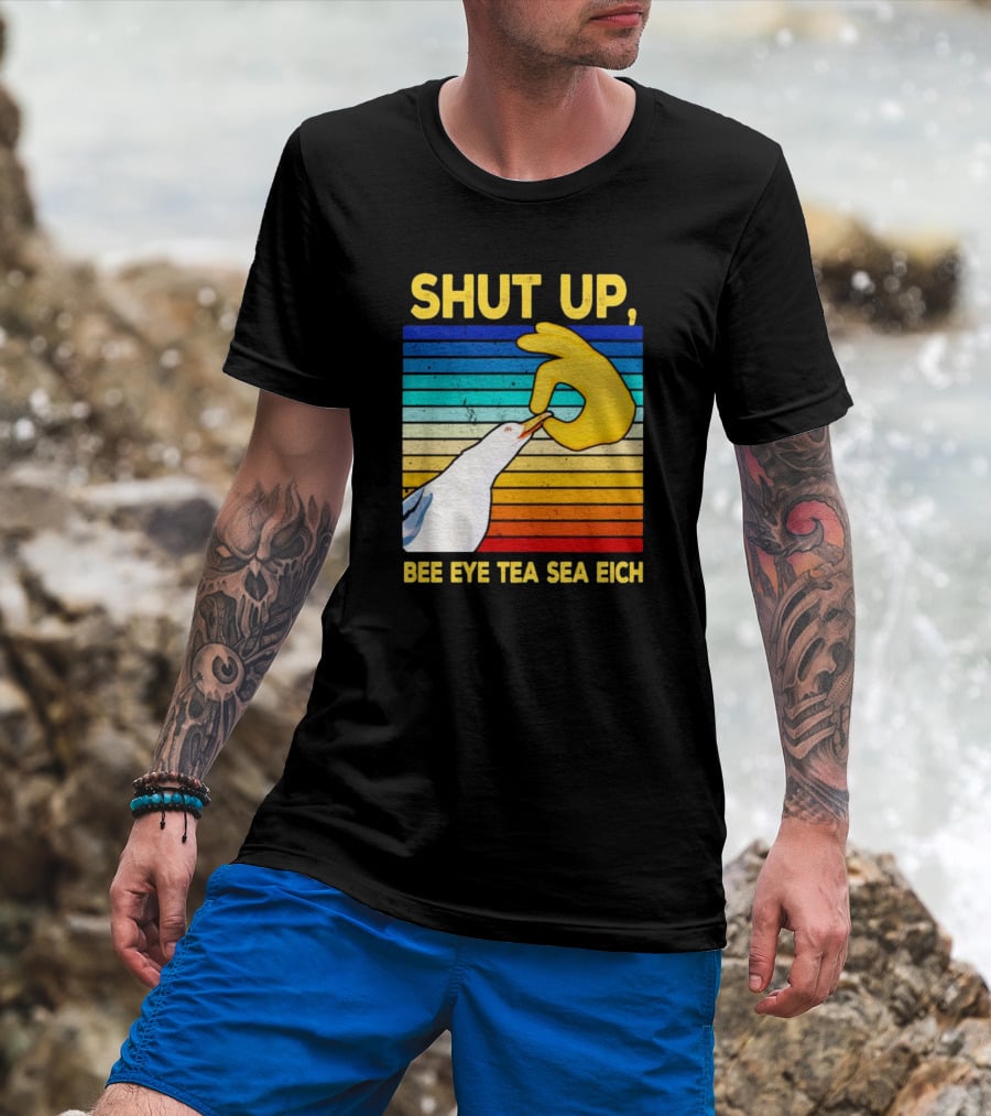 SHUT UP BEE EYE TEA SEA EICH Seagull Yellow Hand Rainbow Stripes T-Shirt