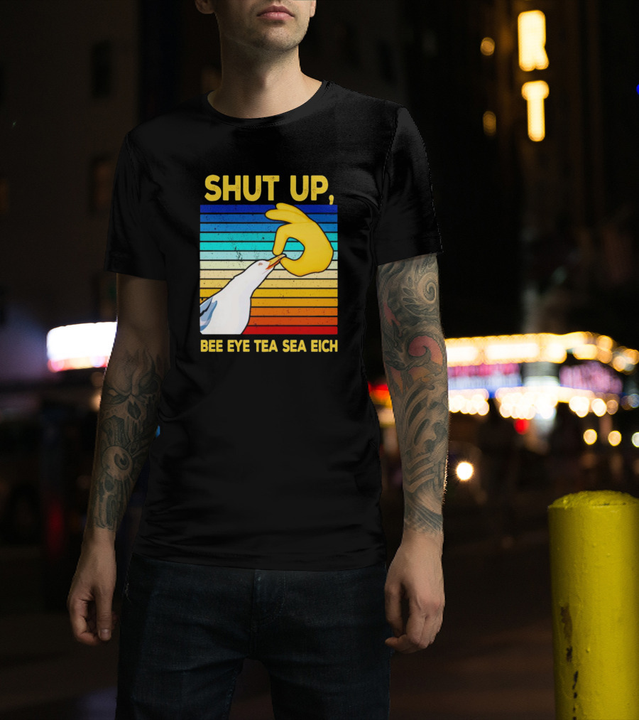 SHUT UP BEE EYE TEA SEA EICH Seagull Yellow Hand Rainbow Stripes T-Shirt