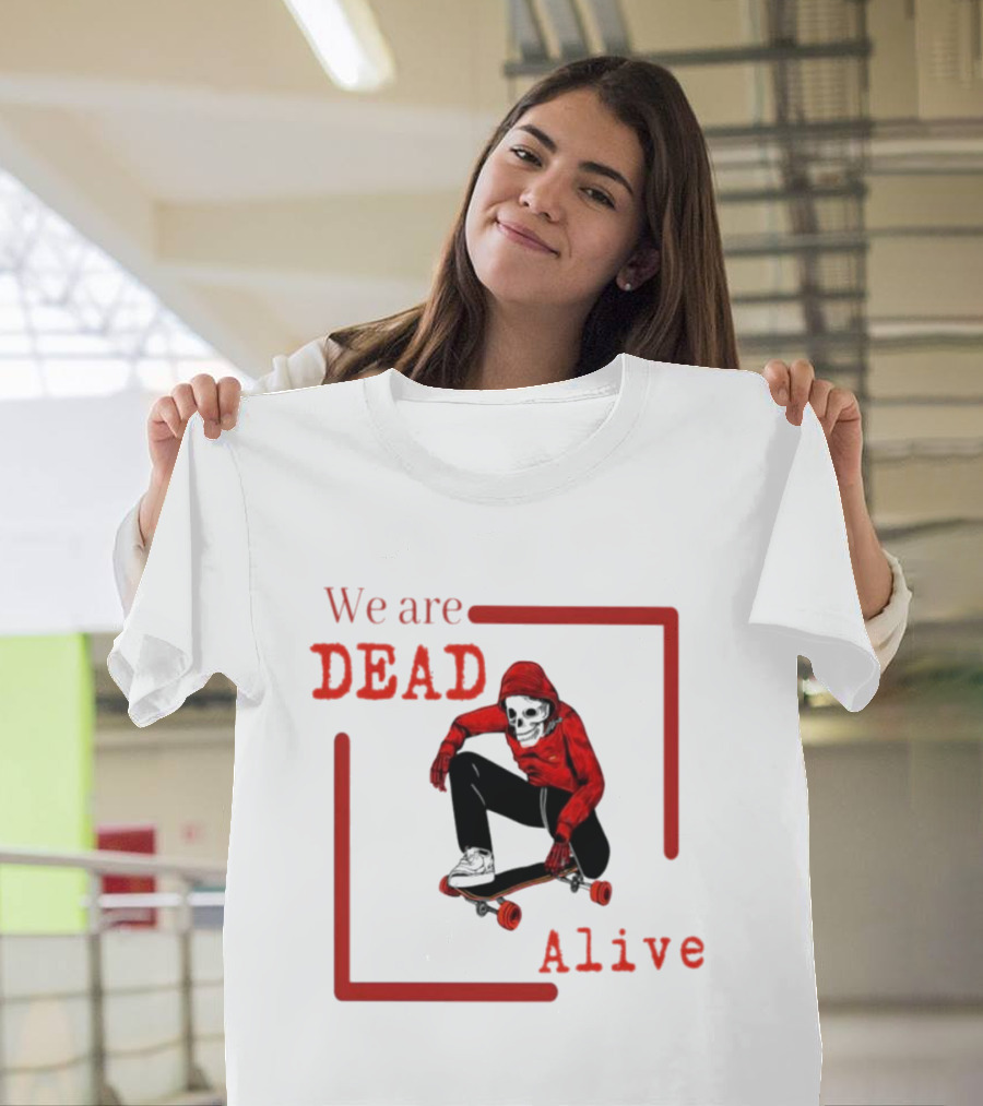 We Are Dead Alive Skeleton Skateboarder in Red T-Shirt