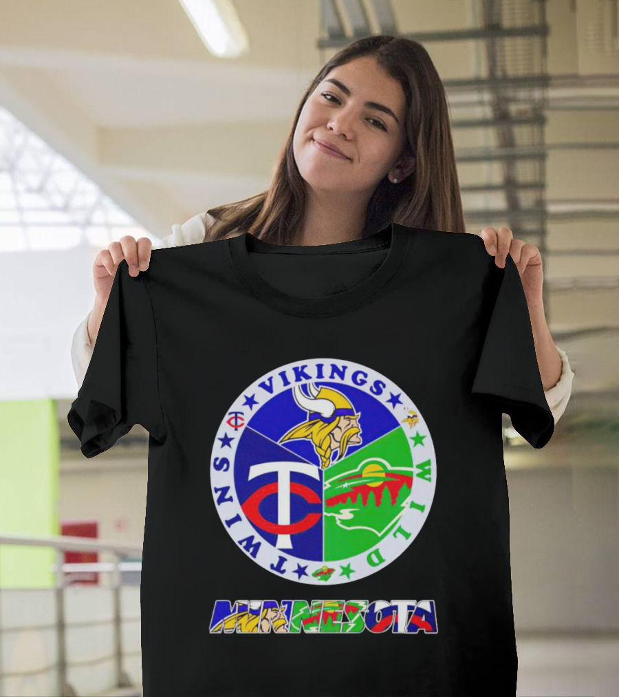Minnesota Vikings Twins Wild Logos Circle and Colorful Minnesota Text T-Shirt
