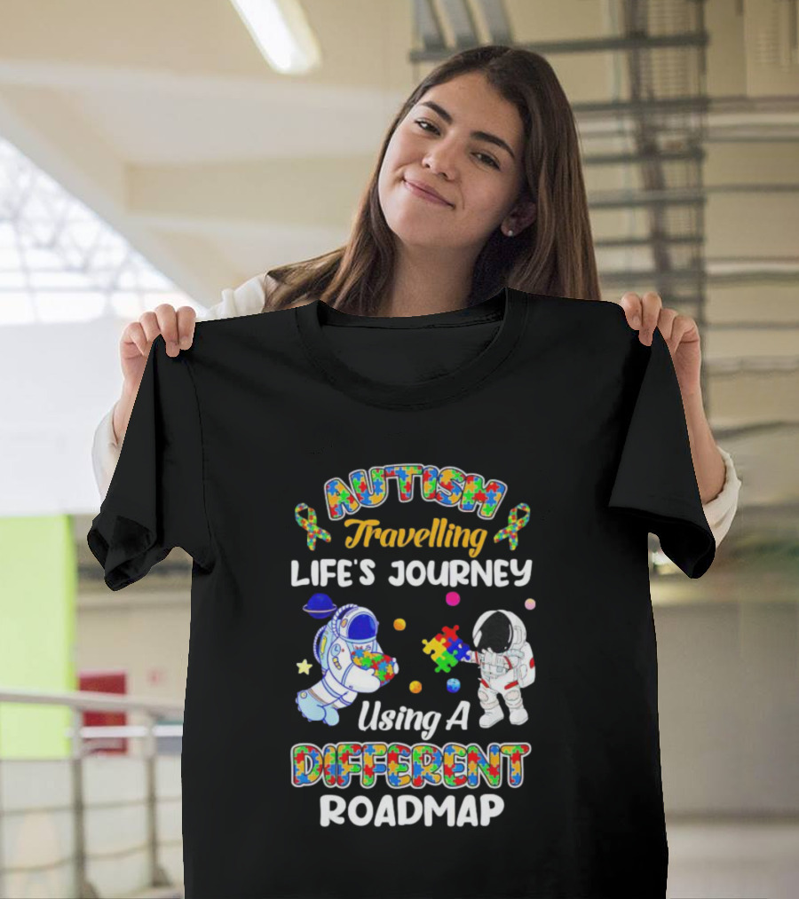 Autism Travelling Life's Journey Using a Different Roadmap with Astronauts and Puzzle Pieces T-Shirt