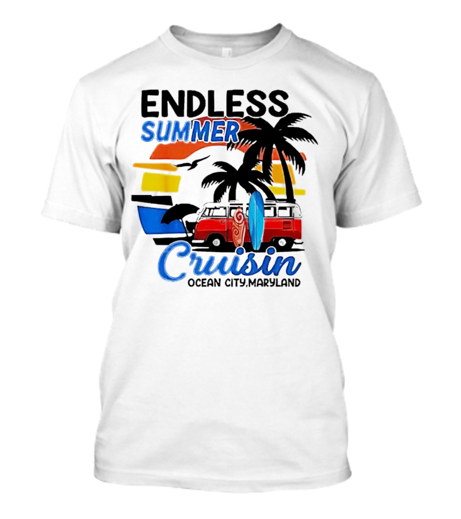 Endless Summer Cruisin Ocean City Maryland Vintage Sunset Surfboard Van Palm Trees T-Shirt