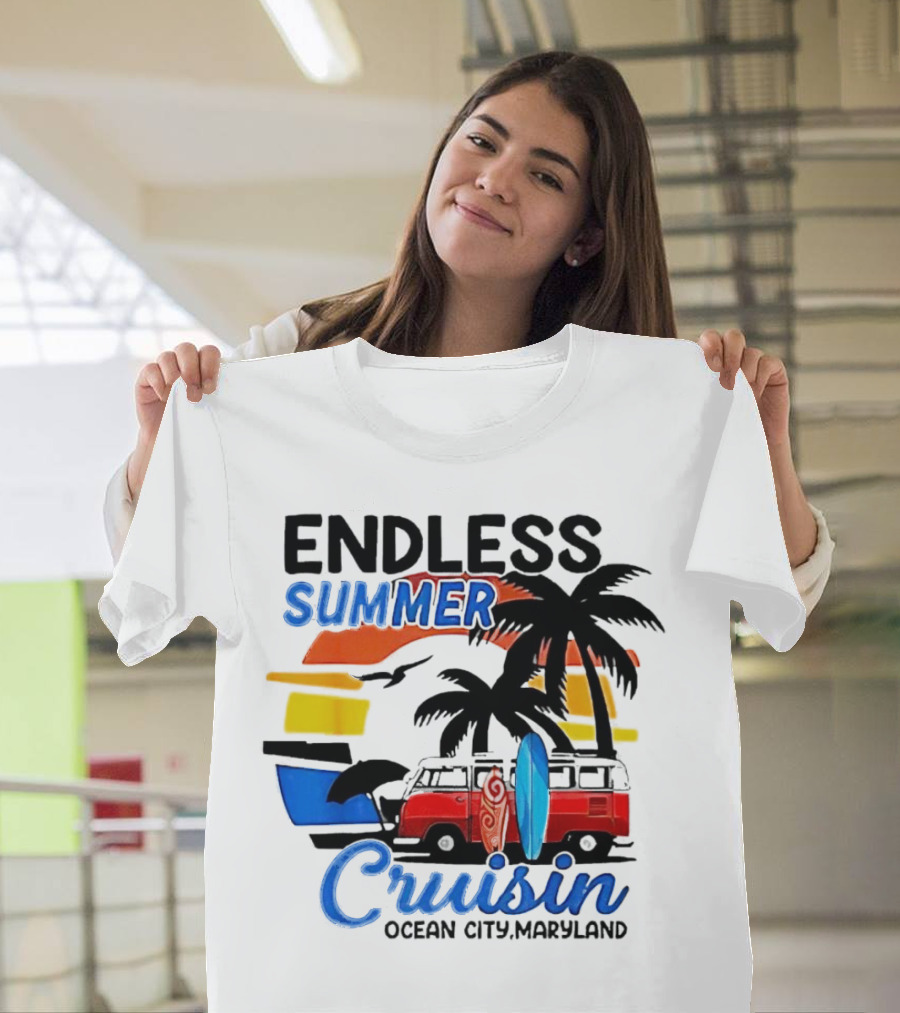 Endless Summer Cruisin Ocean City Maryland Vintage Sunset Surfboard Van Palm Trees T-Shirt