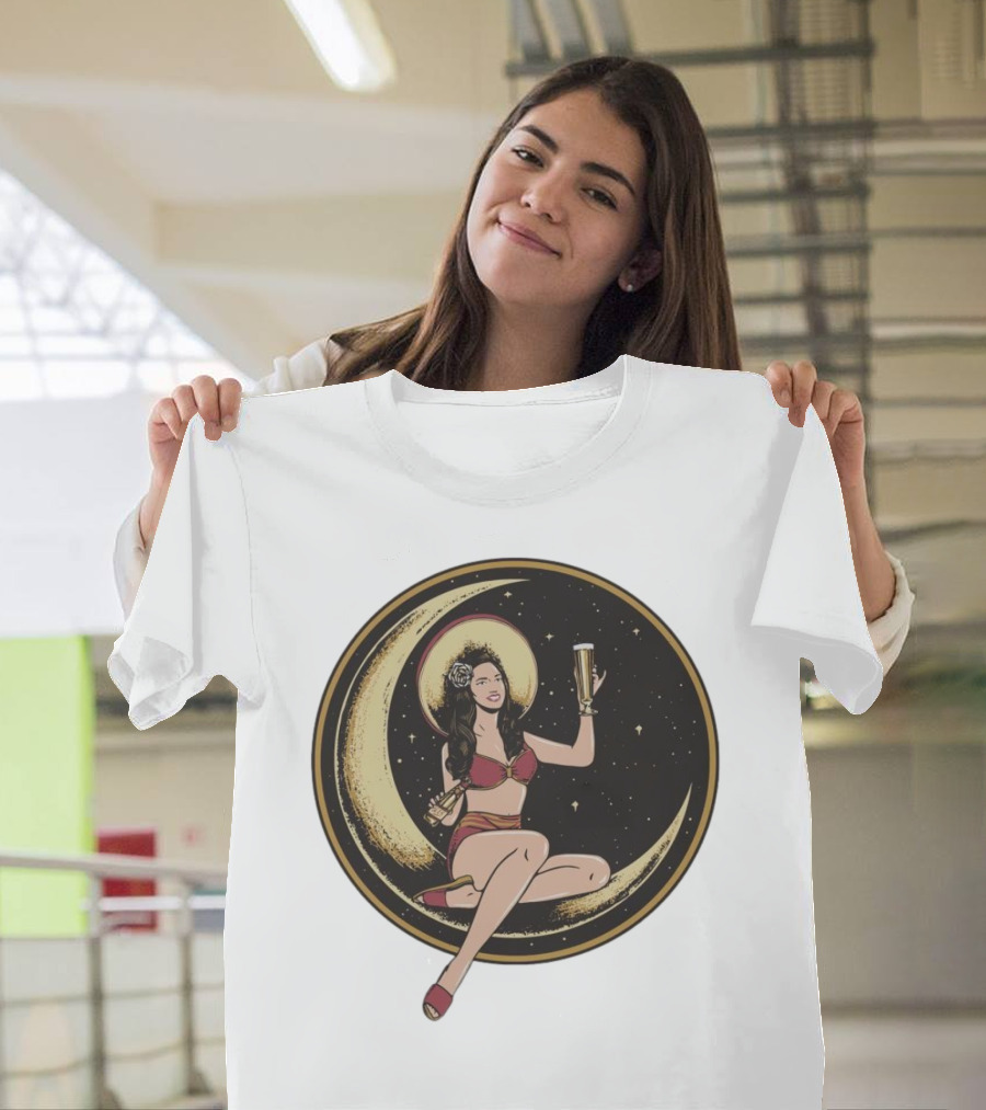 Moon Lady with Beer in Red Bikini Sitting on Crescent T-Shirt