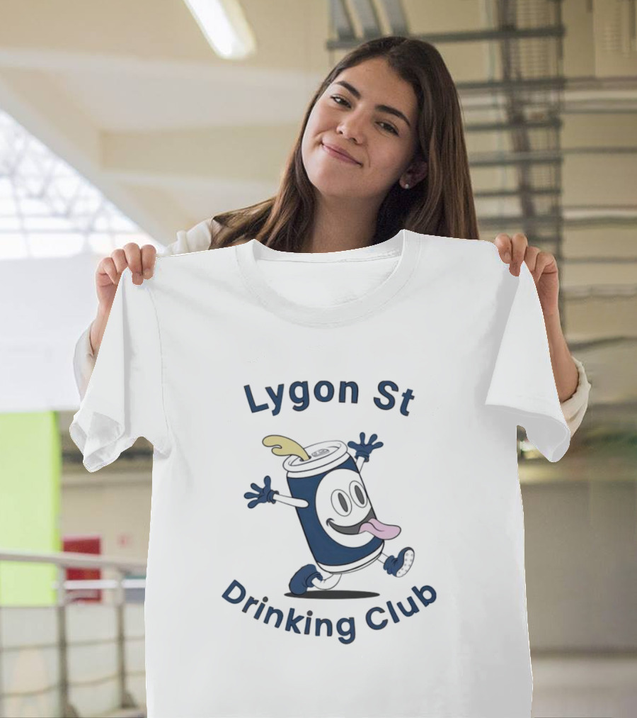 Lygon St Drinking Club Can Character with Playful Expression and Tongue Out T-Shirt