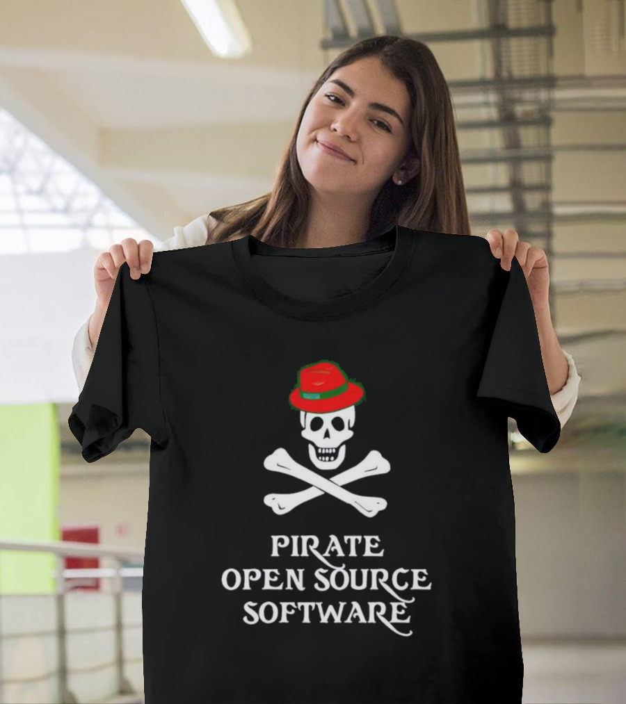 Pirate Open Source Software Skull and Crossbones with Red Hat T-Shirt