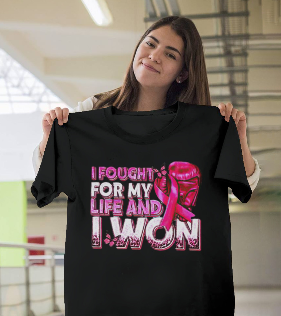 I Fought For My Life And I Won Pink Ribbon Boxing Glove Butterfly T-Shirt