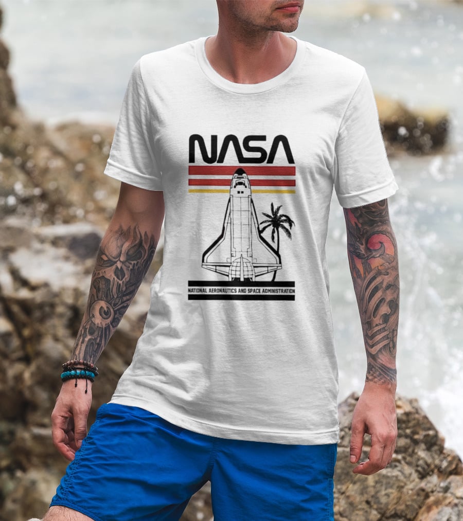 NASA National Aeronautics And Space Administration Shuttle Palm Retro Stripes T-Shirt