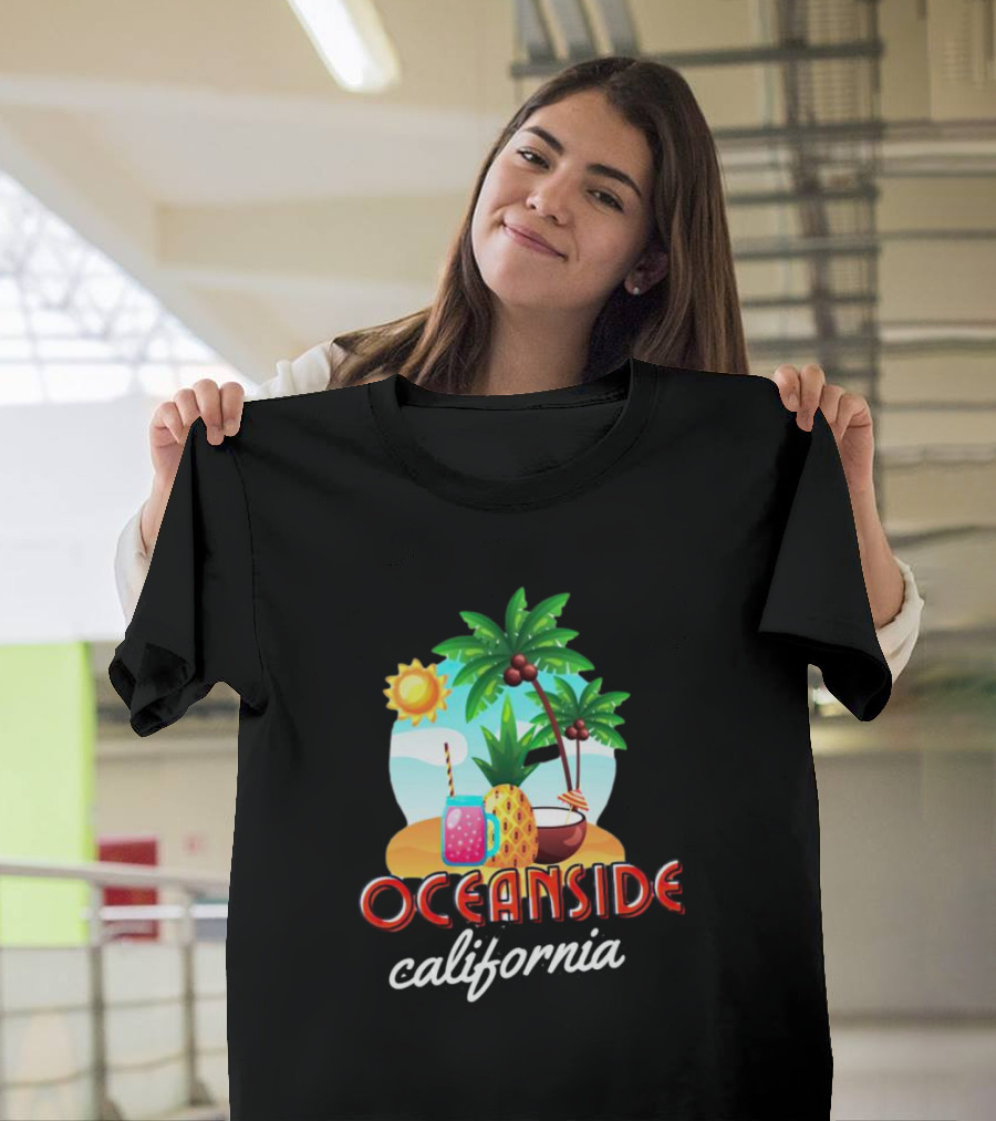Oceanside California Tropical Beach Scene With Palm Trees, Sun, Pineapple, Coconut Drink, And Refreshing Beverage T-Shirt
