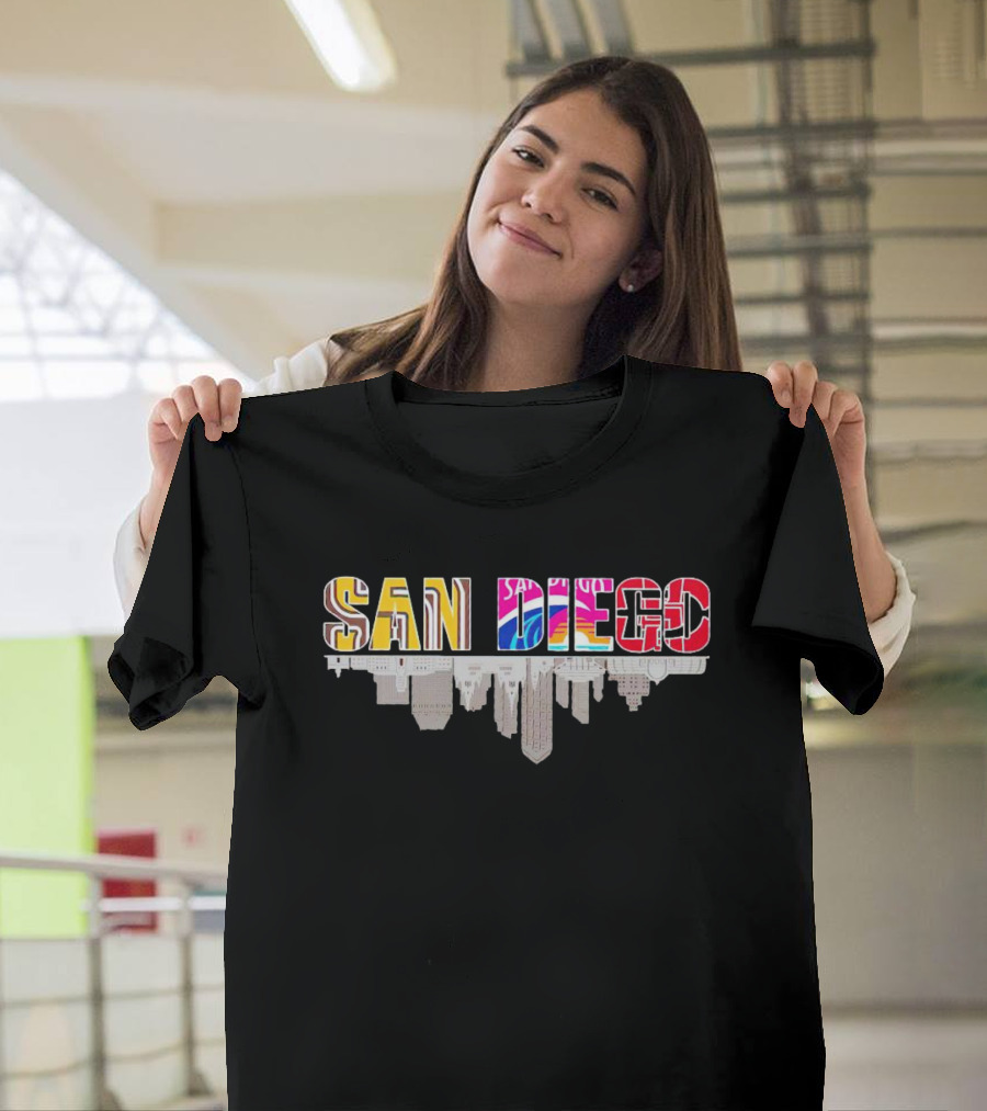 San Diego City Skyline Upside Down Sports Team Colors T-Shirt