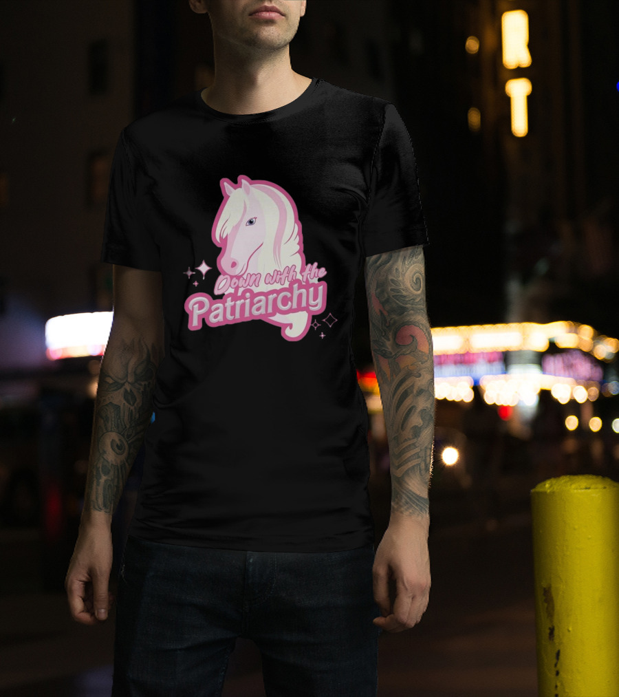 Down With The Patriarchy Pink Horse Illustration With Sparkles T-Shirt
