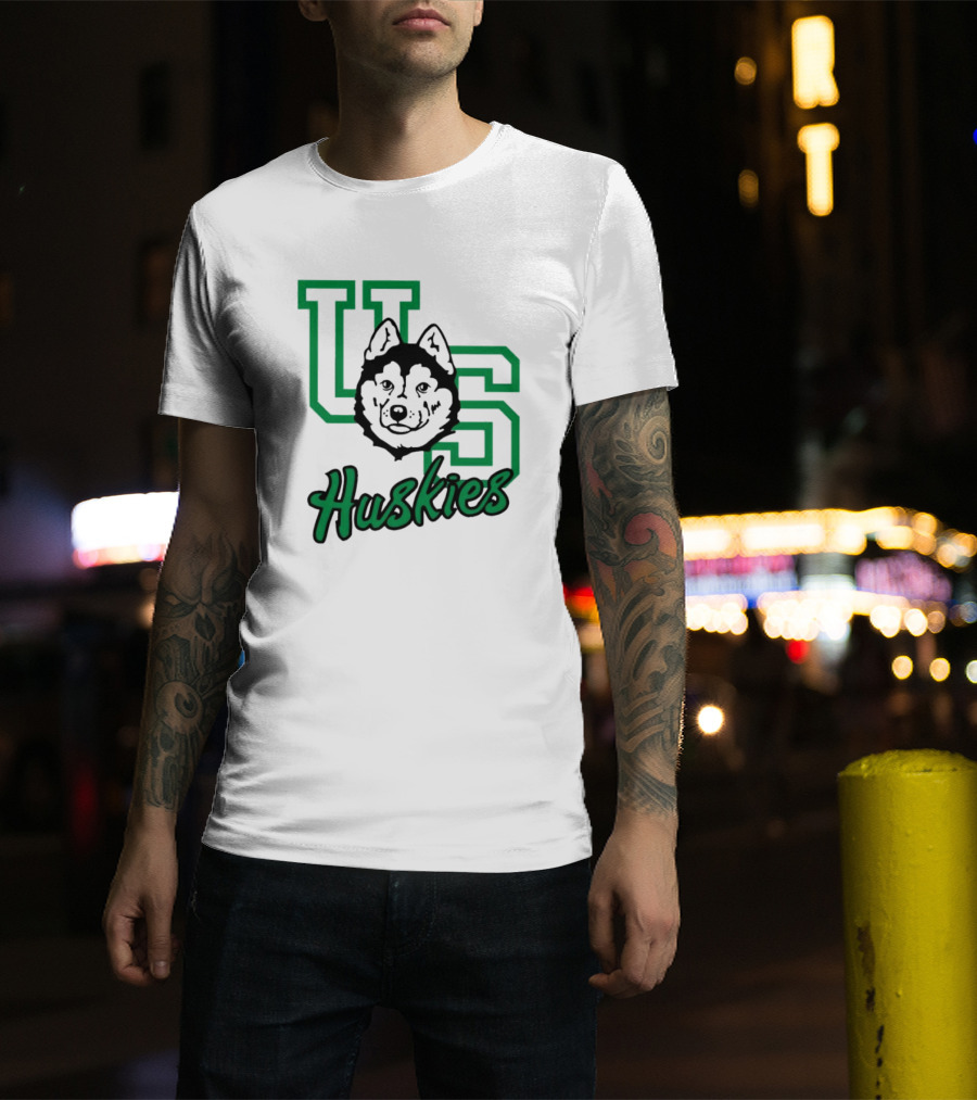 U Of S Huskies Logo With Husky Face Overlapping Bold Green Letters T-Shirt