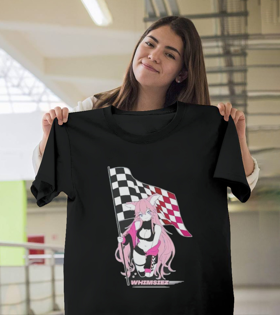 Whimsiez Checkered Flag Pink-Haired Girl Racing T-Shirt