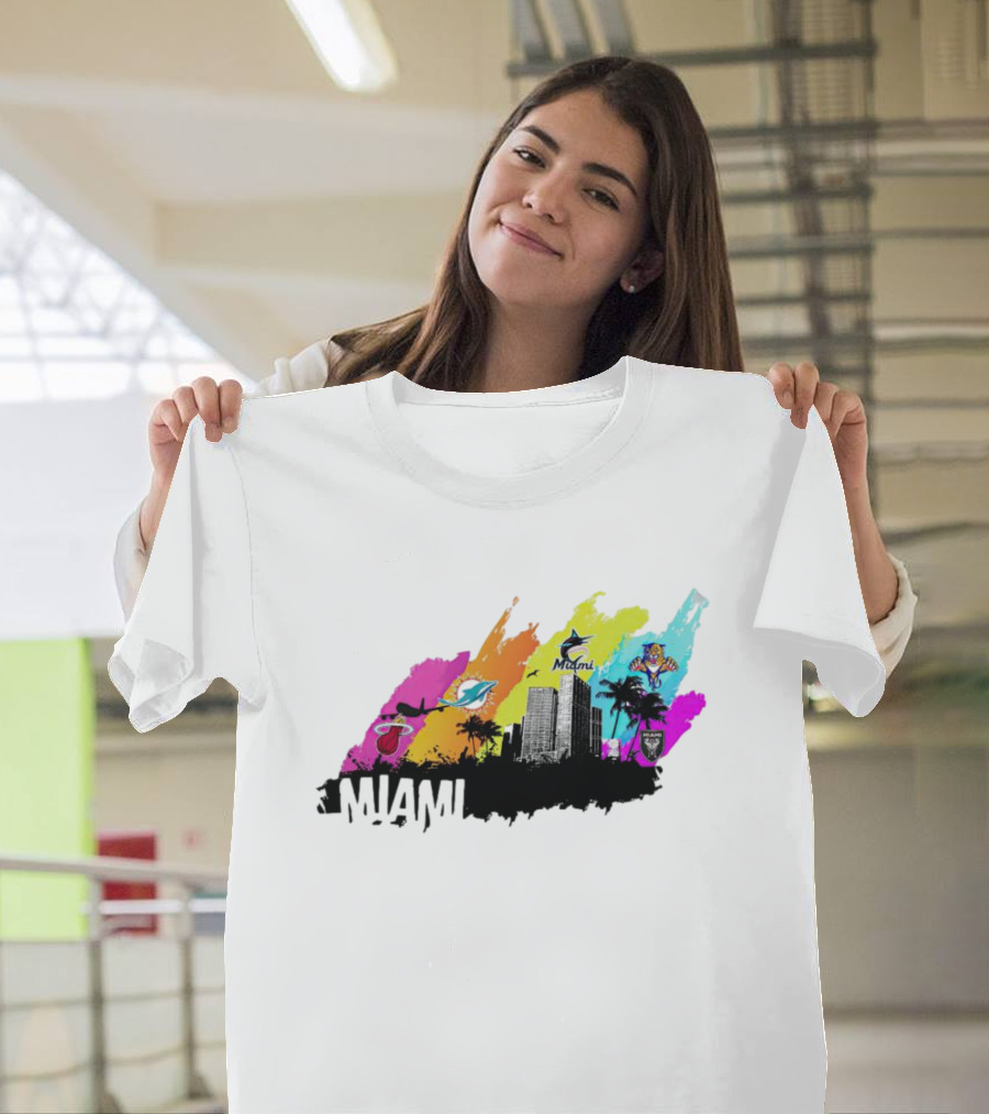 Miami City Skyline With Sports Team Logos And Vibrant Colors T-Shirt