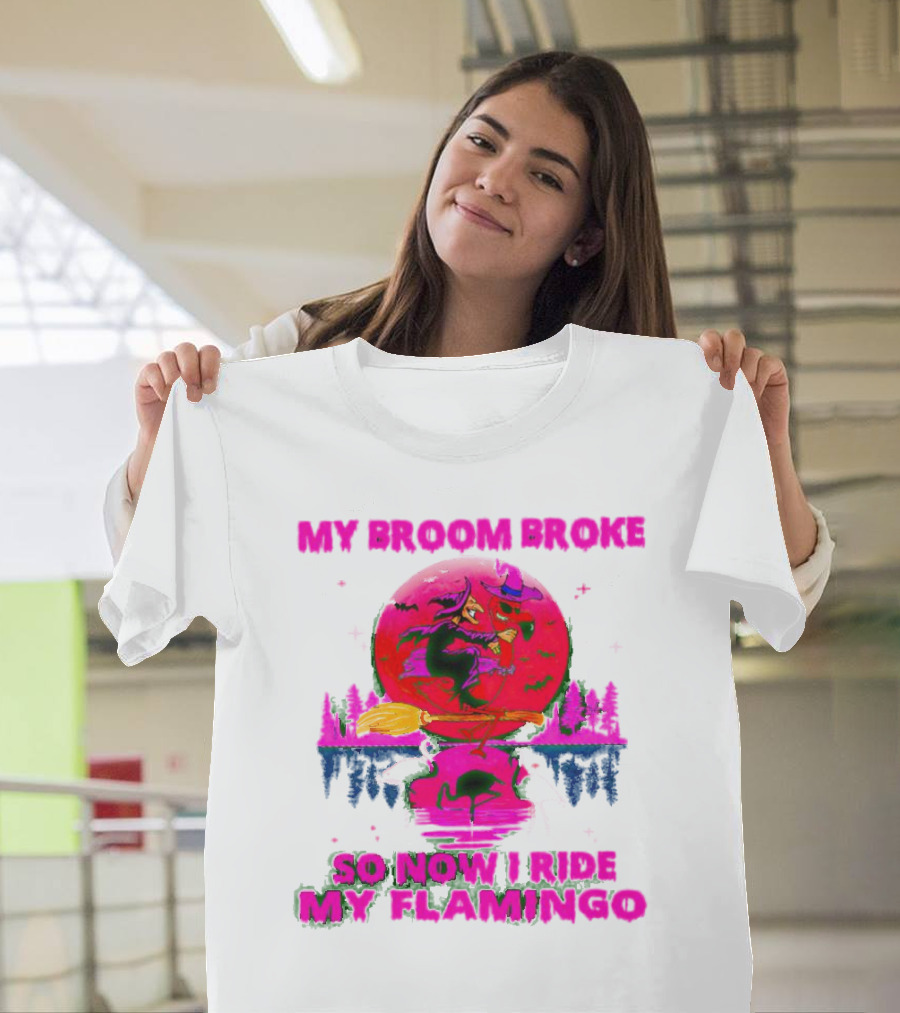 My Broom Broke So Now I Ride My Flamingo Neon Witch And Flamingo Moon Scene T-Shirt