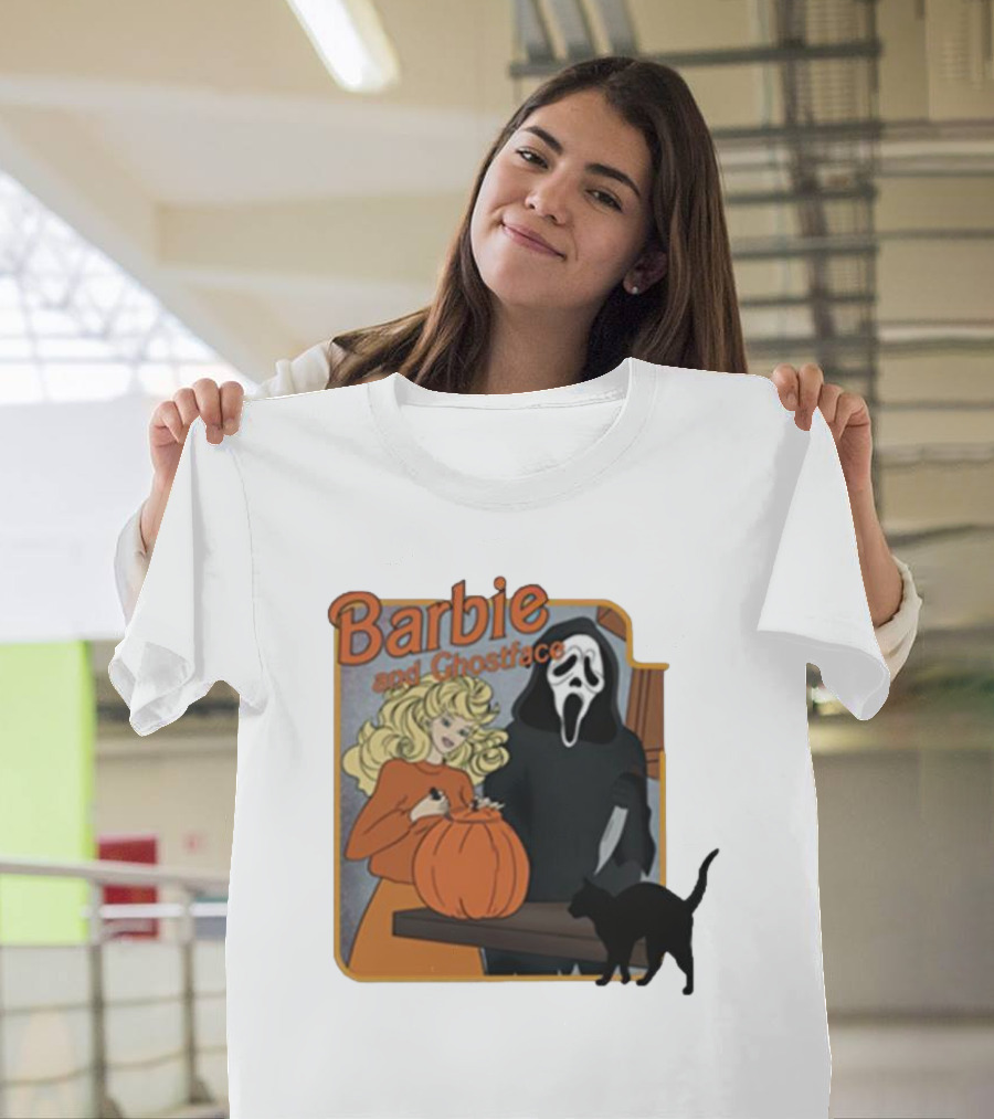 Barbie and Ghostface Halloween Pumpkin Carving Scene with Black Cat T-Shirt