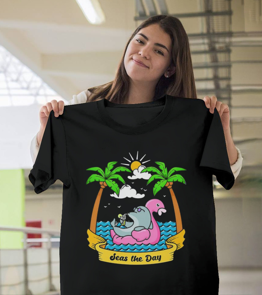 Seas The Day Relaxed Fit Palm Trees Flamingo Float Sunshine Clouds Ocean Waves T-Shirt