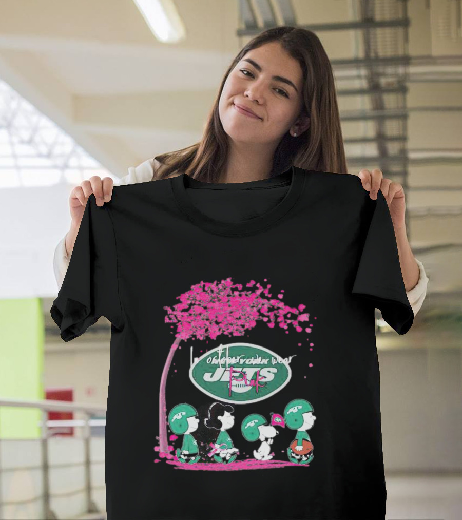 New York Jets Peanuts Characters October We Wear Pink T-Shirt