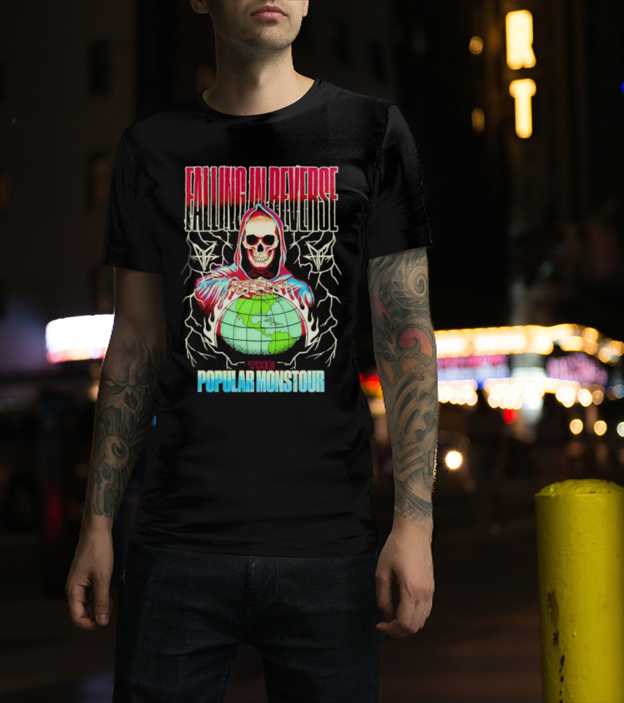 Falling In Reverse The Popular Monstour Reaper Hoodie Skeleton Globe T-Shirt