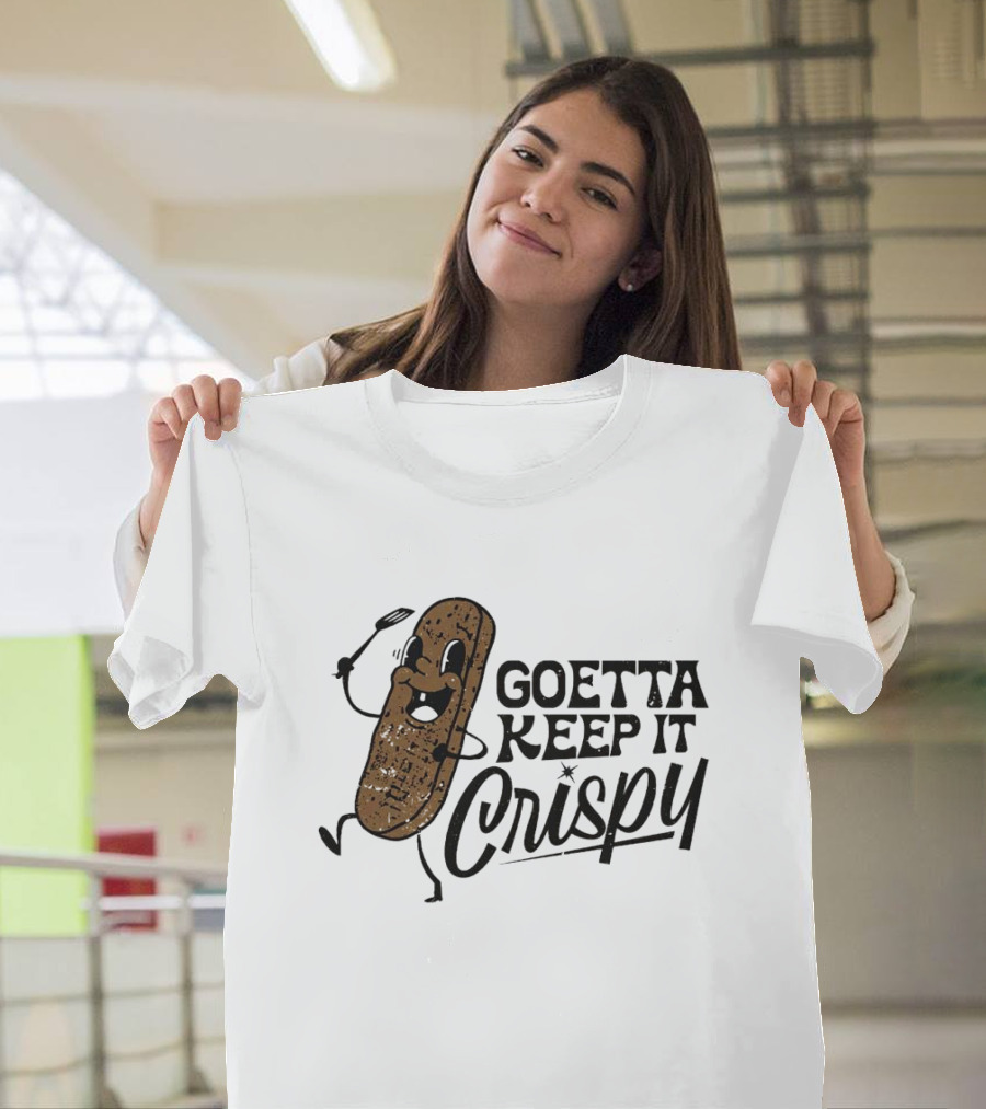 Goetta Keep It Crispy Smiling Fried Stick Character With Fork Enthusiastically Walking T-Shirt