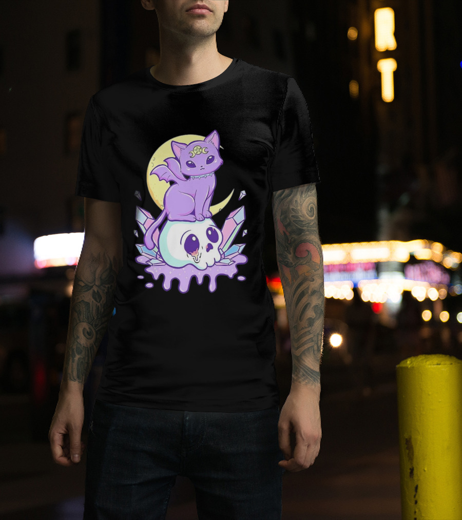 Witchy Cat With Moon And Skull Crystals T-Shirt