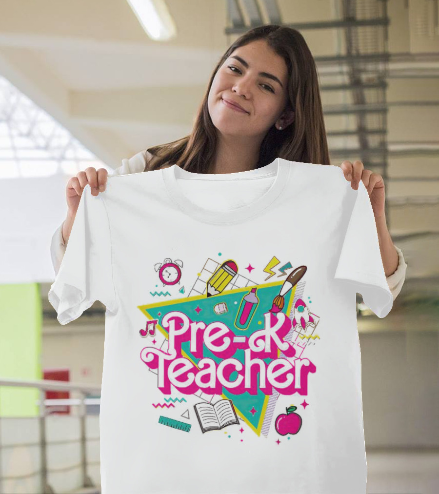 Pre-K Teacher Neon Art Supplies And Icons T-Shirt