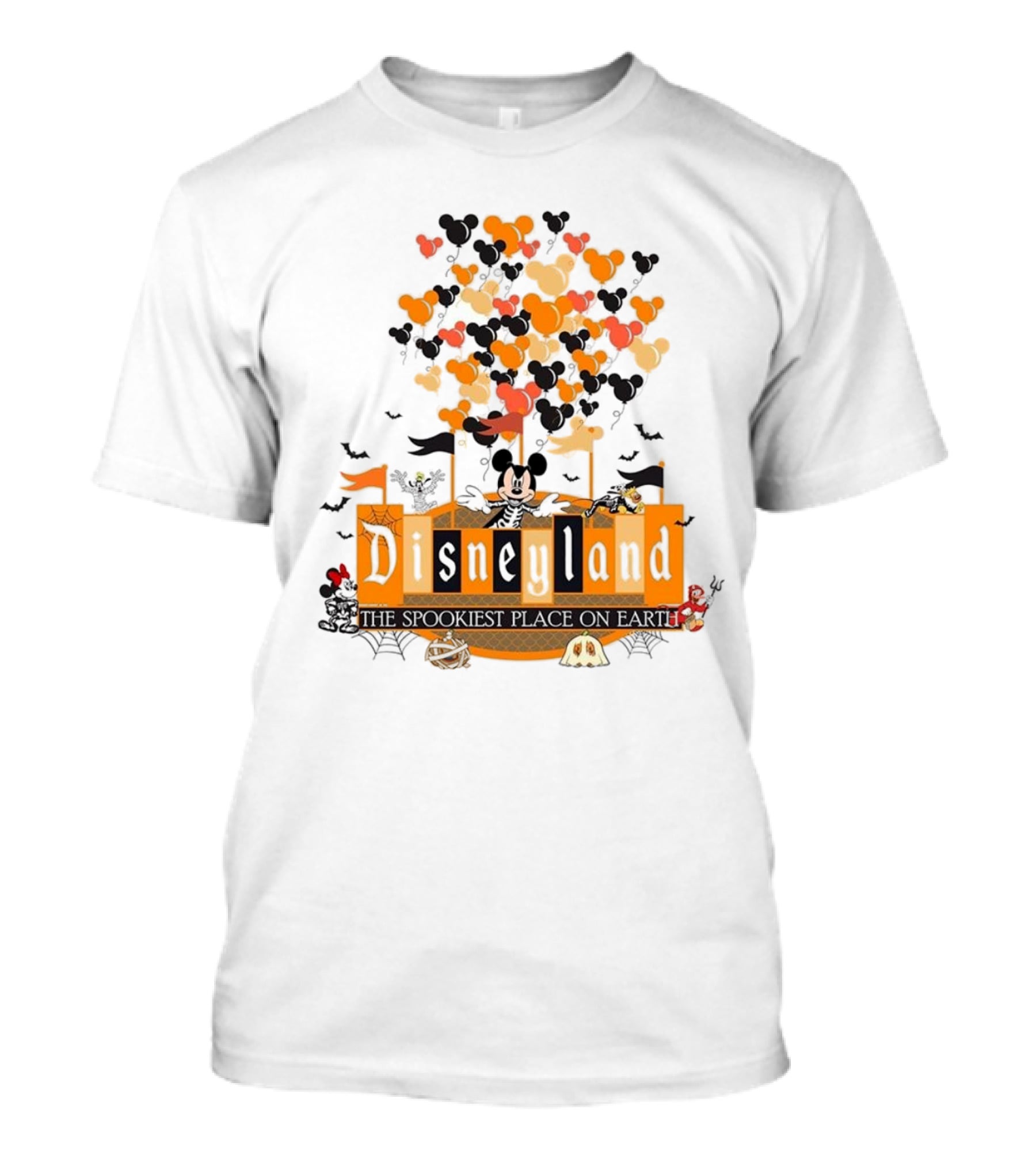Disneyland Halloween Mickey Mouse The Spookiest Place On Earth Orange Bats And Pumpkins T-Shirt