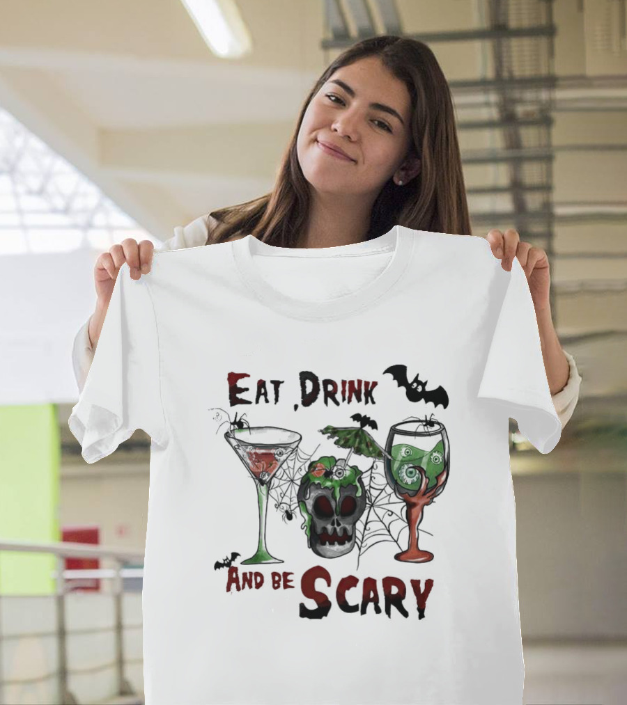Eat Drink and Be Scary Halloween with Bat and Skull Cocktails T-Shirt