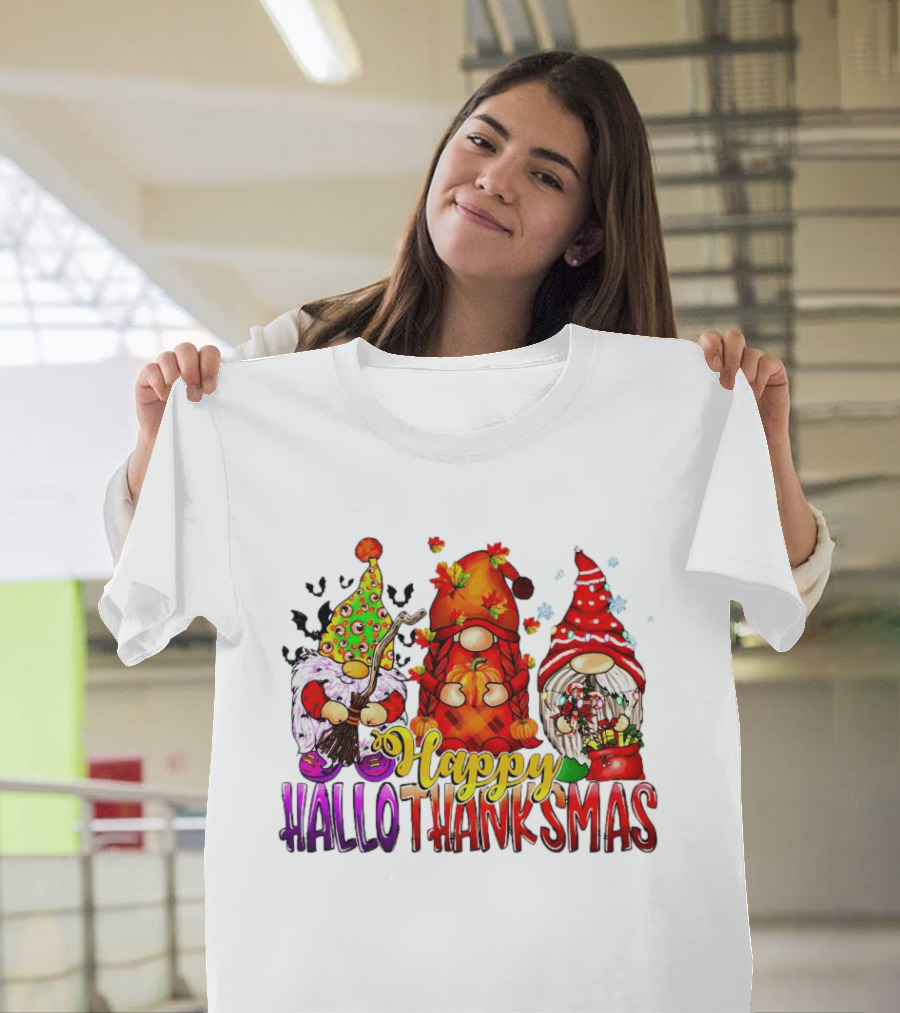 Happy Hallothanksmas Gnomes Halloween Thanksgiving Christmas T-Shirt