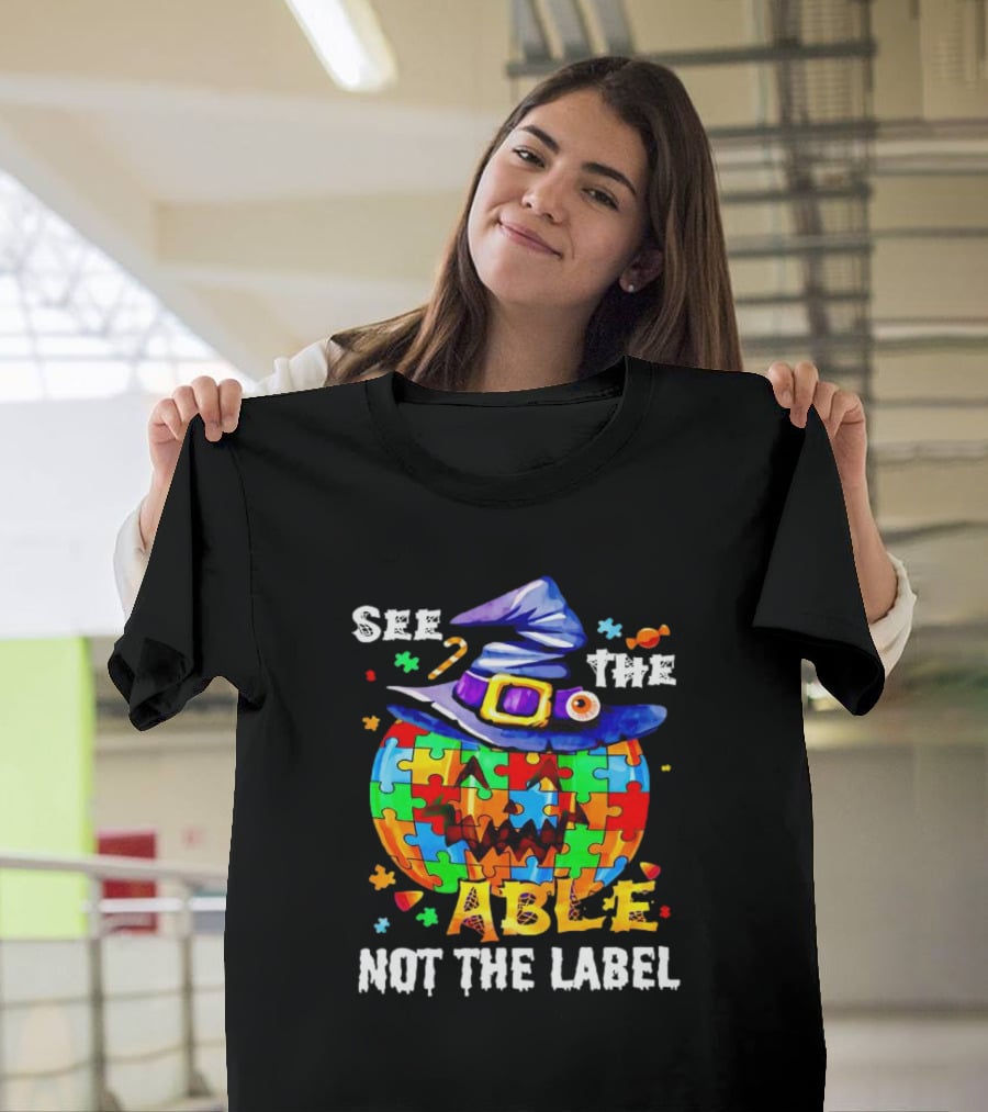 See The Able Not The Label Pumpkin Autism Puzzle Witch Hat T-Shirt