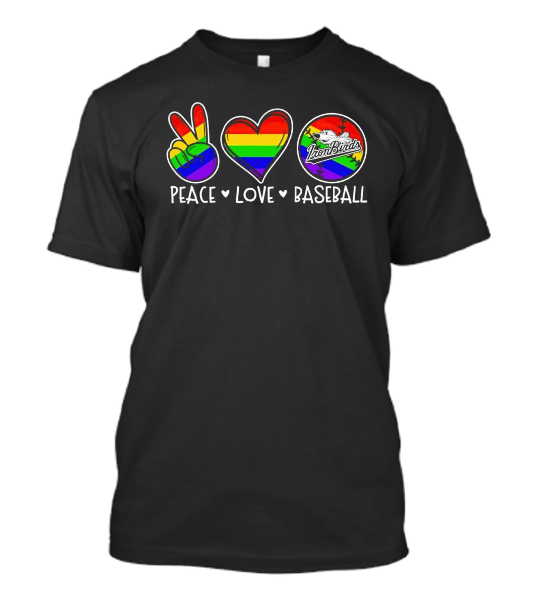 Aberdeen IronBirds Peace Love Baseball Rainbow T-Shirt