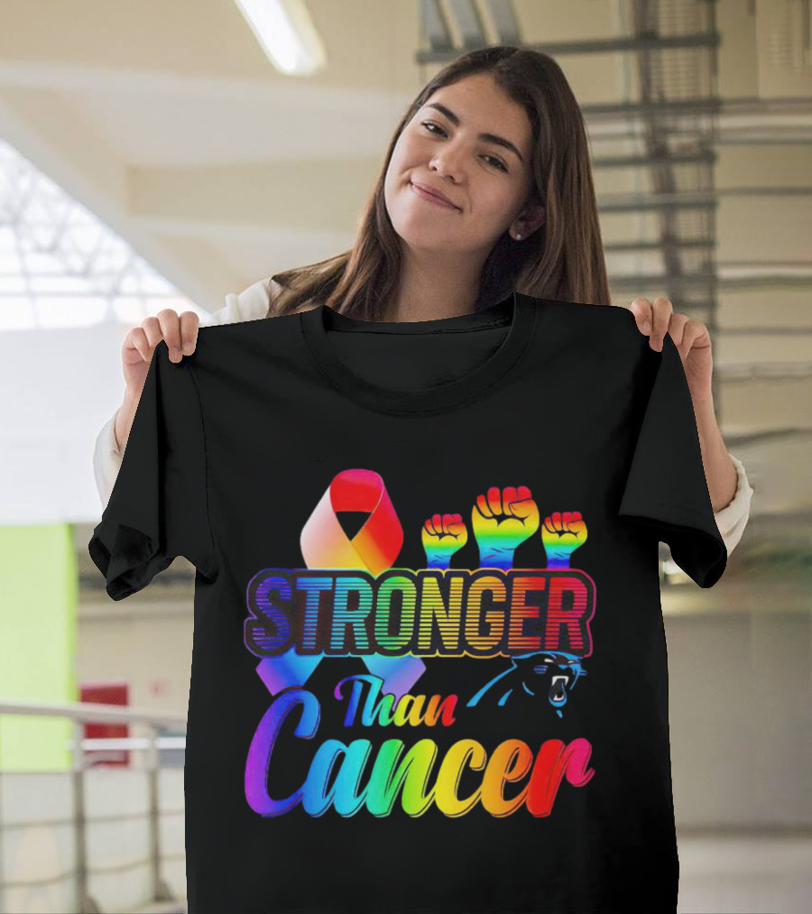Carolina Panthers Stronger Than Cancer Rainbow Ribbon And Fists T-Shirt
