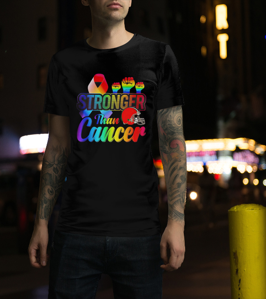 Cleveland Browns Stronger Than Cancer Rainbow Ribbon And Helmet T-Shirt