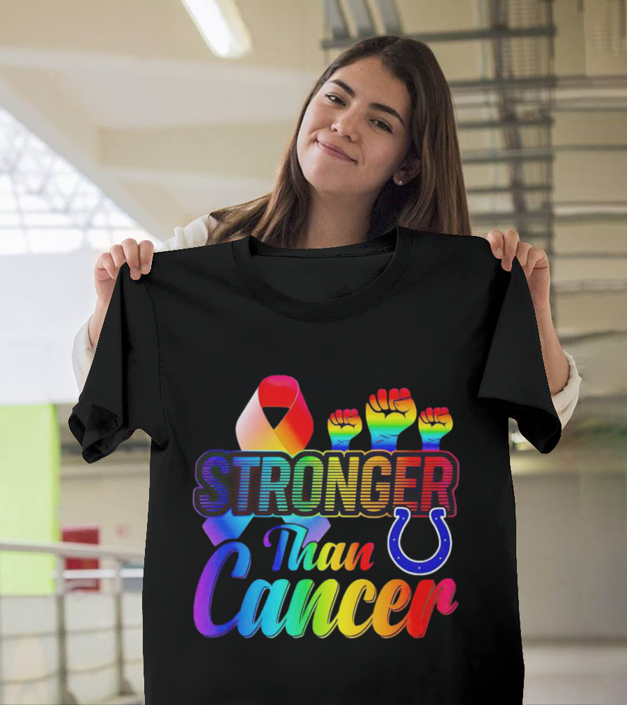 Stronger Than Cancer Indianapolis Colts Rainbow Ribbon and Fists Icons T-Shirt