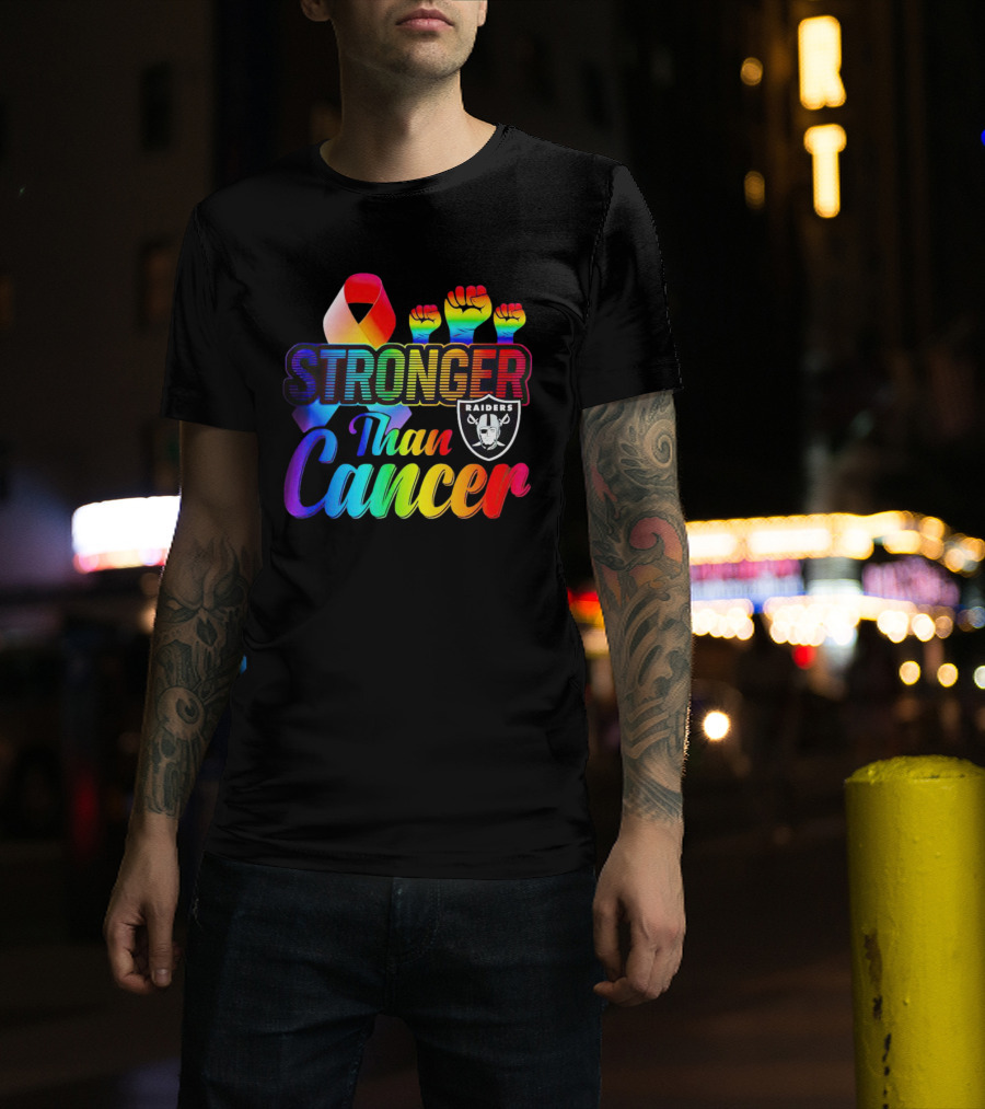 Stronger Than Cancer Las Vegas Raiders Rainbow Fists T-Shirt