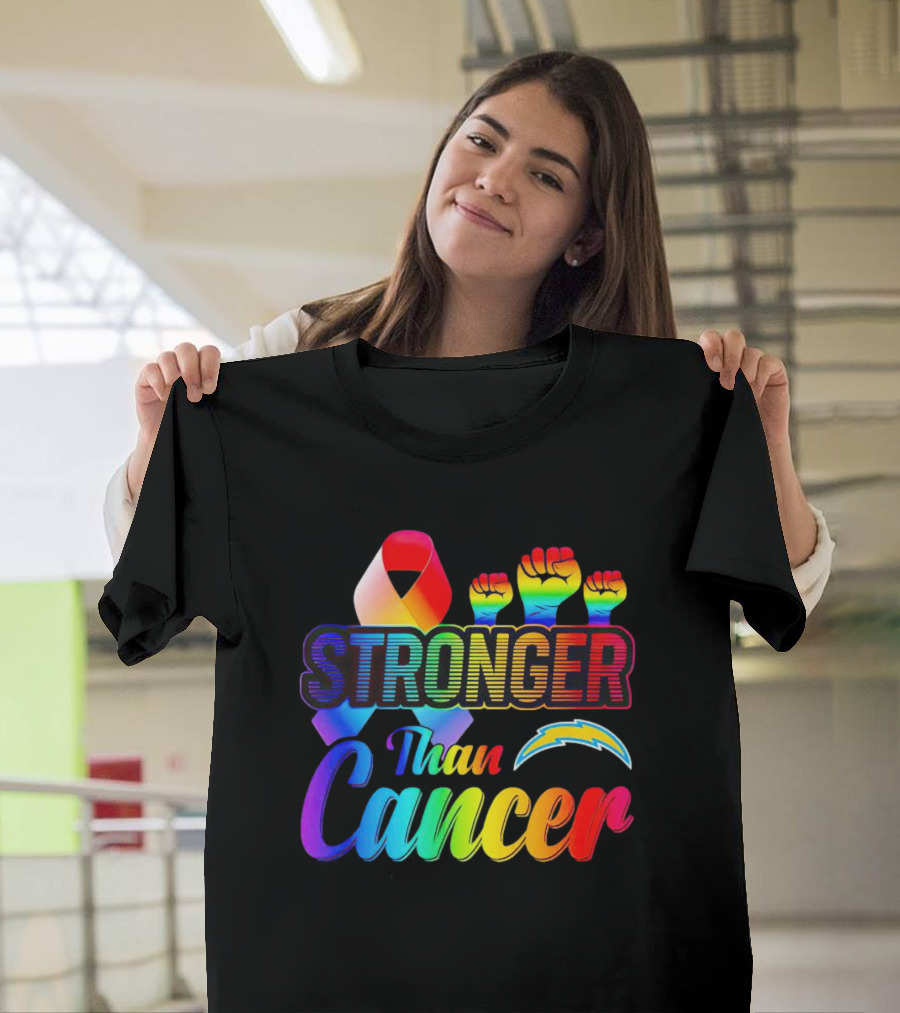 Los Angeles Chargers Stronger Than Cancer Rainbow Ribbon And Fists T-Shirt