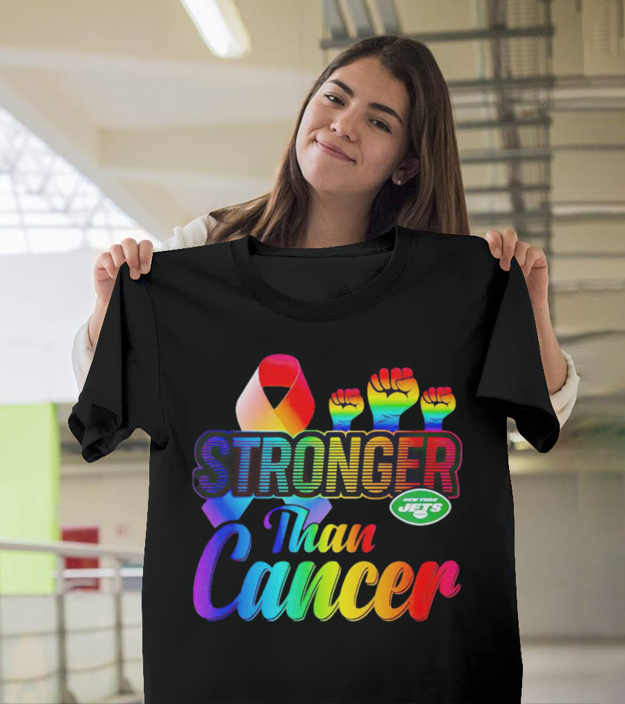 New York Jets Stronger Than Cancer Rainbow Ribbon And Fists T-Shirt