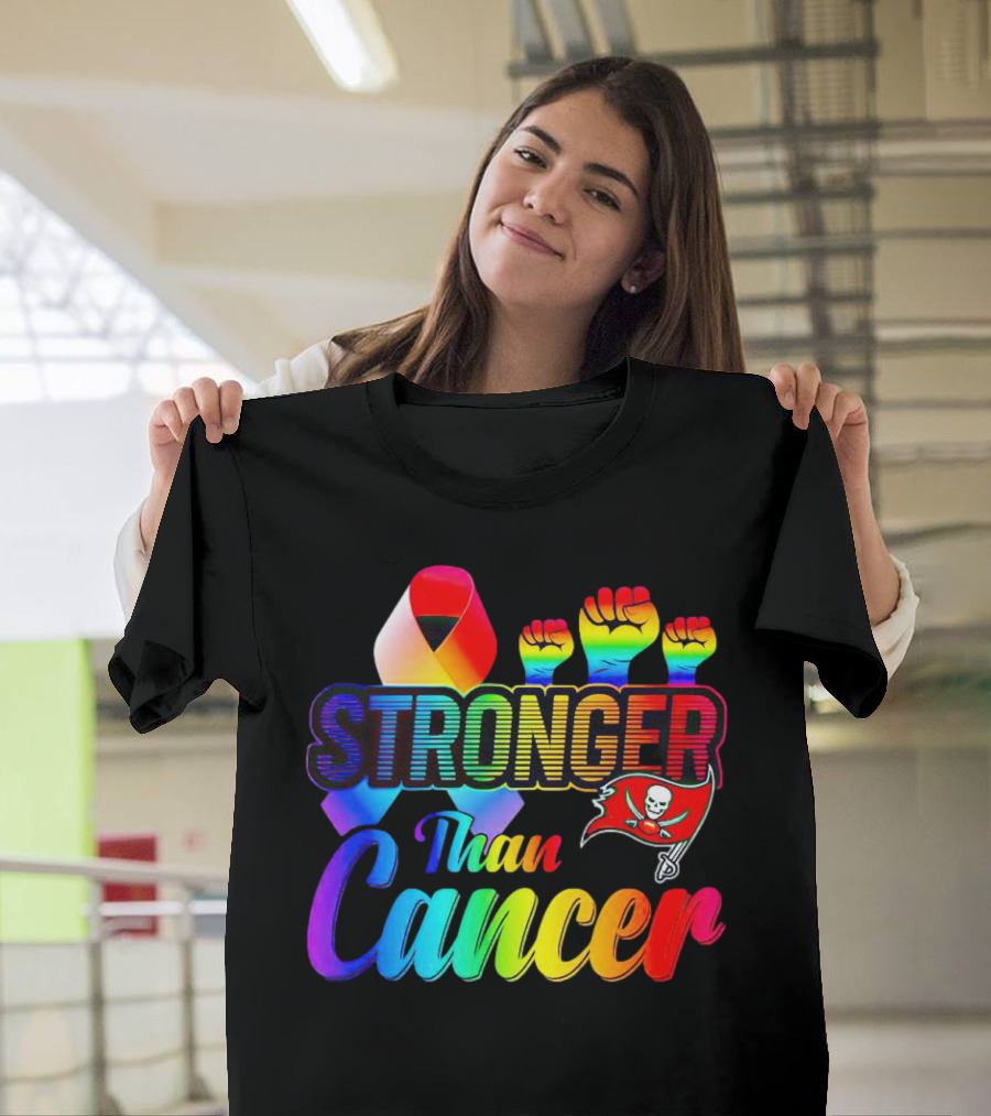 Tampa Bay Buccaneers Stronger Than Cancer Rainbow Ribbon Fists T-Shirt