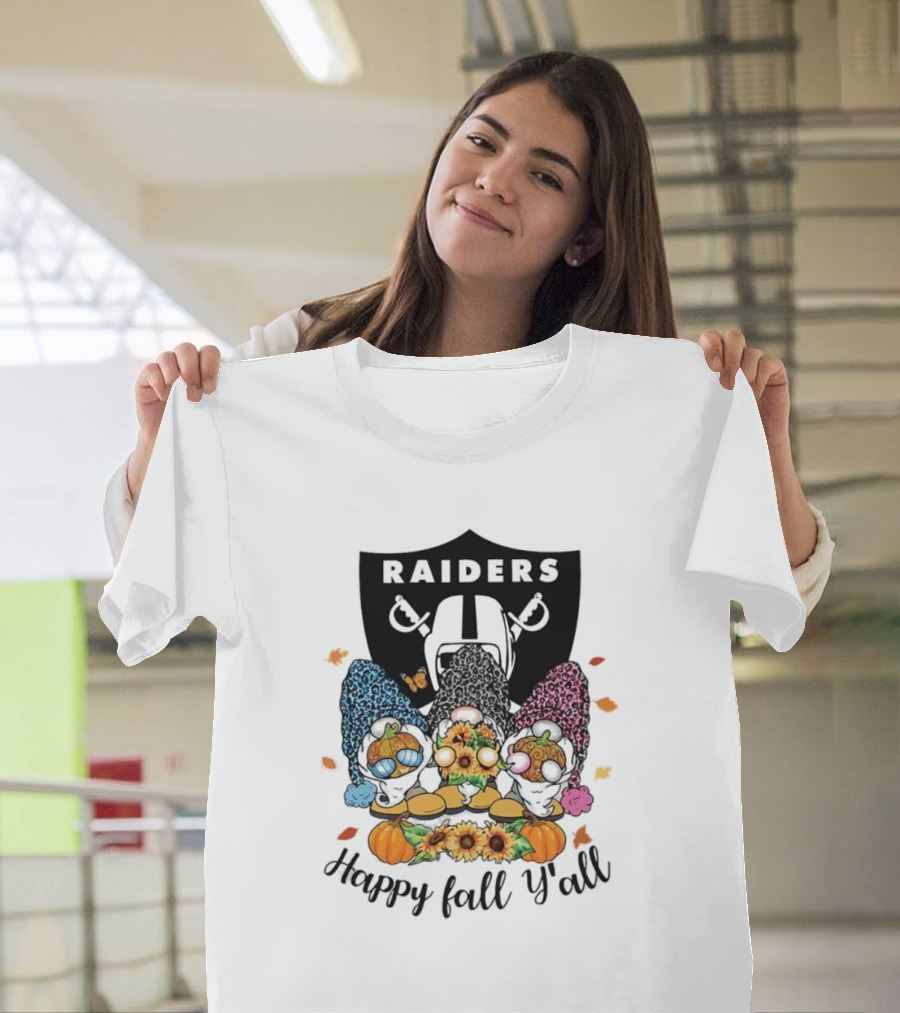Raiders Gnomes With Sunflowers And Pumpkins Happy Fall Y'all T-Shirt
