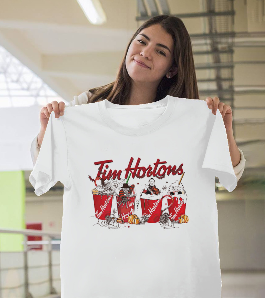 Horror Halloween Tim Hortons Cups with Spooky Figures and Pumpkins T-Shirt