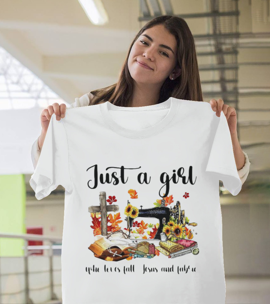 Just A Girl Who Loves Fall Jesus Cross Sewing Fabric T-Shirt